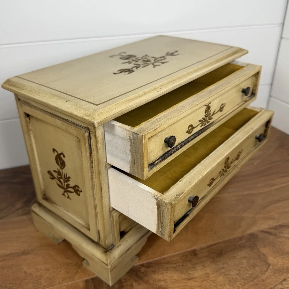 VTG Wooden Florentine Music Box Jewelry Trinket 3 Drawers MCM Japan Cottagecore